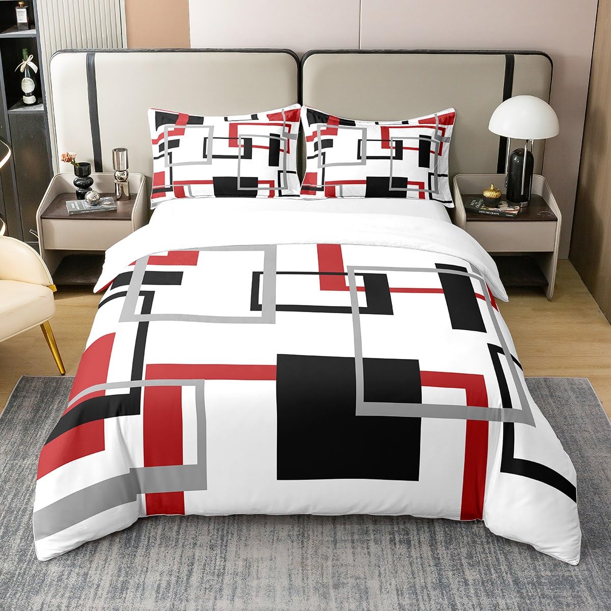 Geometry Square 100% Cotton Duvet Cover, White Black Red Grey Striped Bedding 135x200, Geometric Grid Checkered Comfort Cover