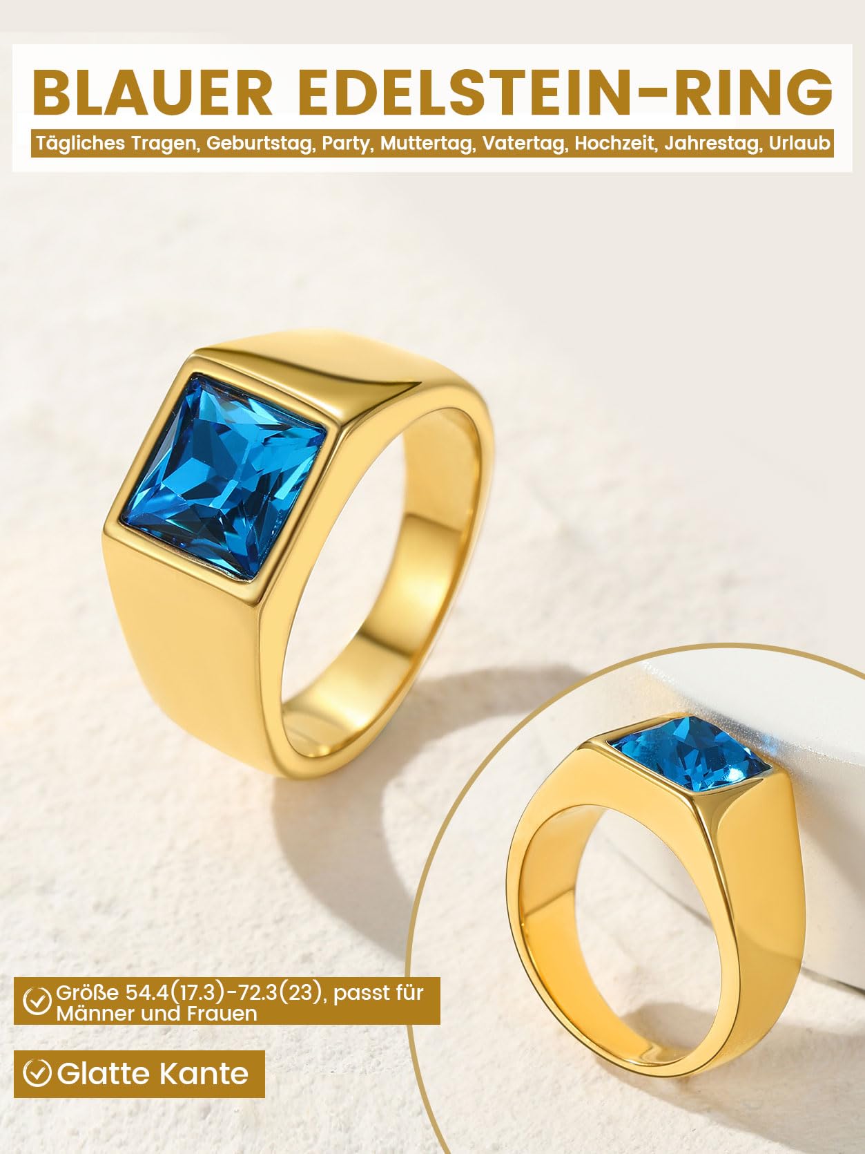 Goldener Siegelring aus Edelstahl mit blauem Stein – 62 mm – GoldChic