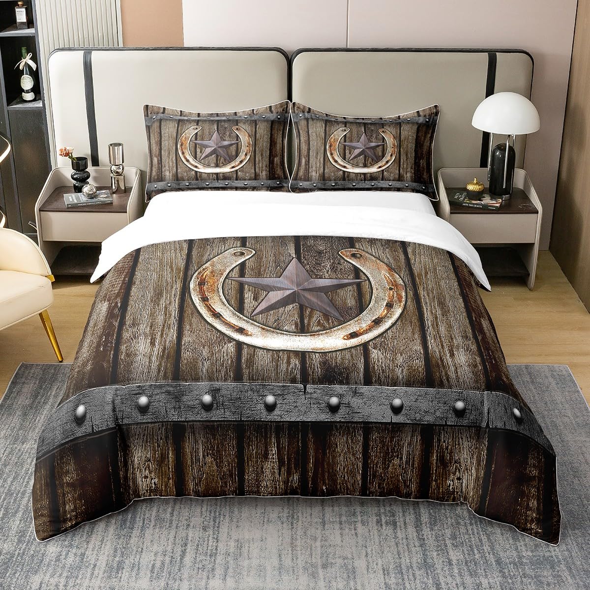 Bettwäsche-Set „Rustikales Landhaus-Texas-Sternmuster“ aus 100 % gewaschener Baumwolle mit Bettbezug und 1 Kissenbezug – 135 x 200 cm, Braun
