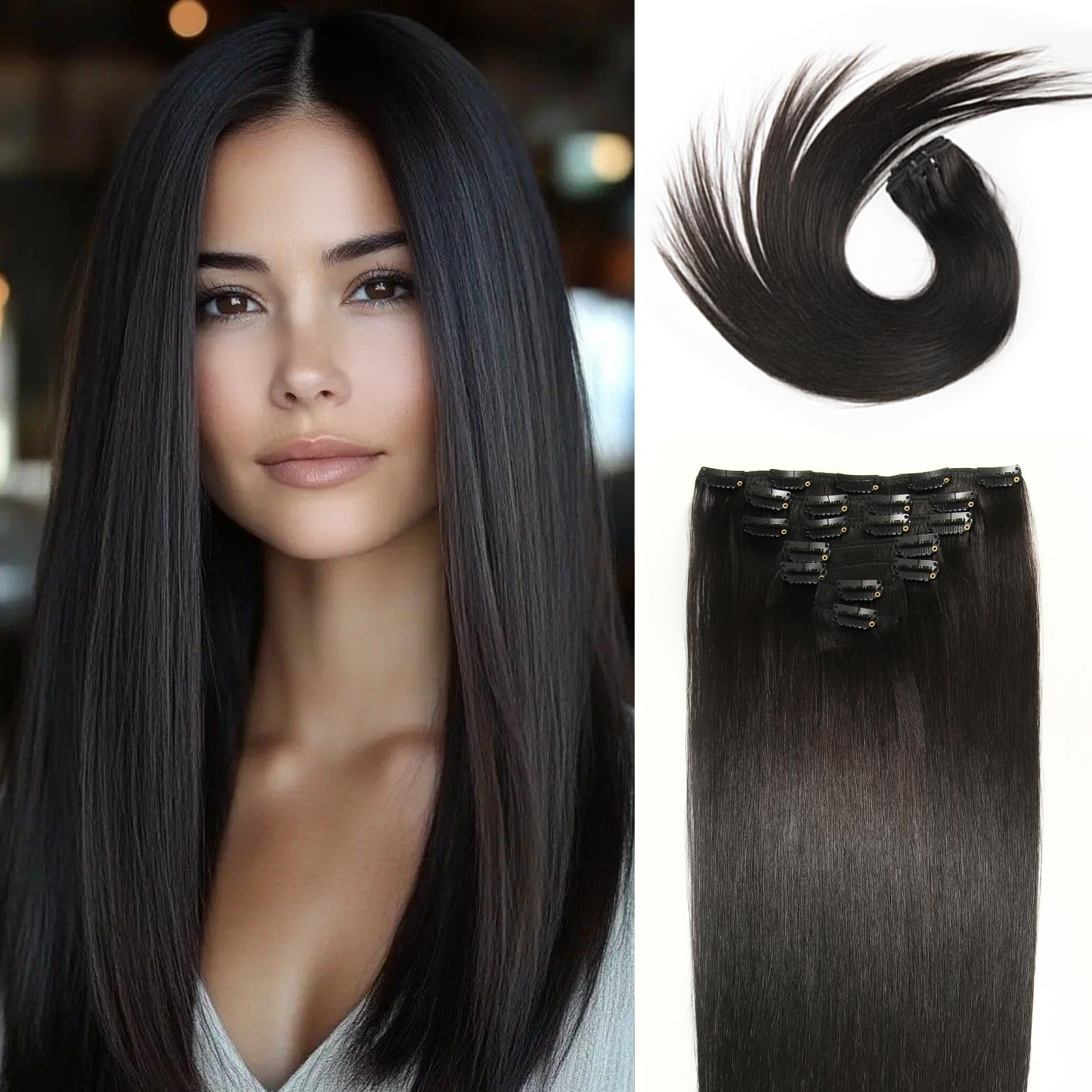 Clip-in Haarverlängerungen, 56 cm (22 Zoll), 120 g, Echthaar, nahtlos – Naturschwarz