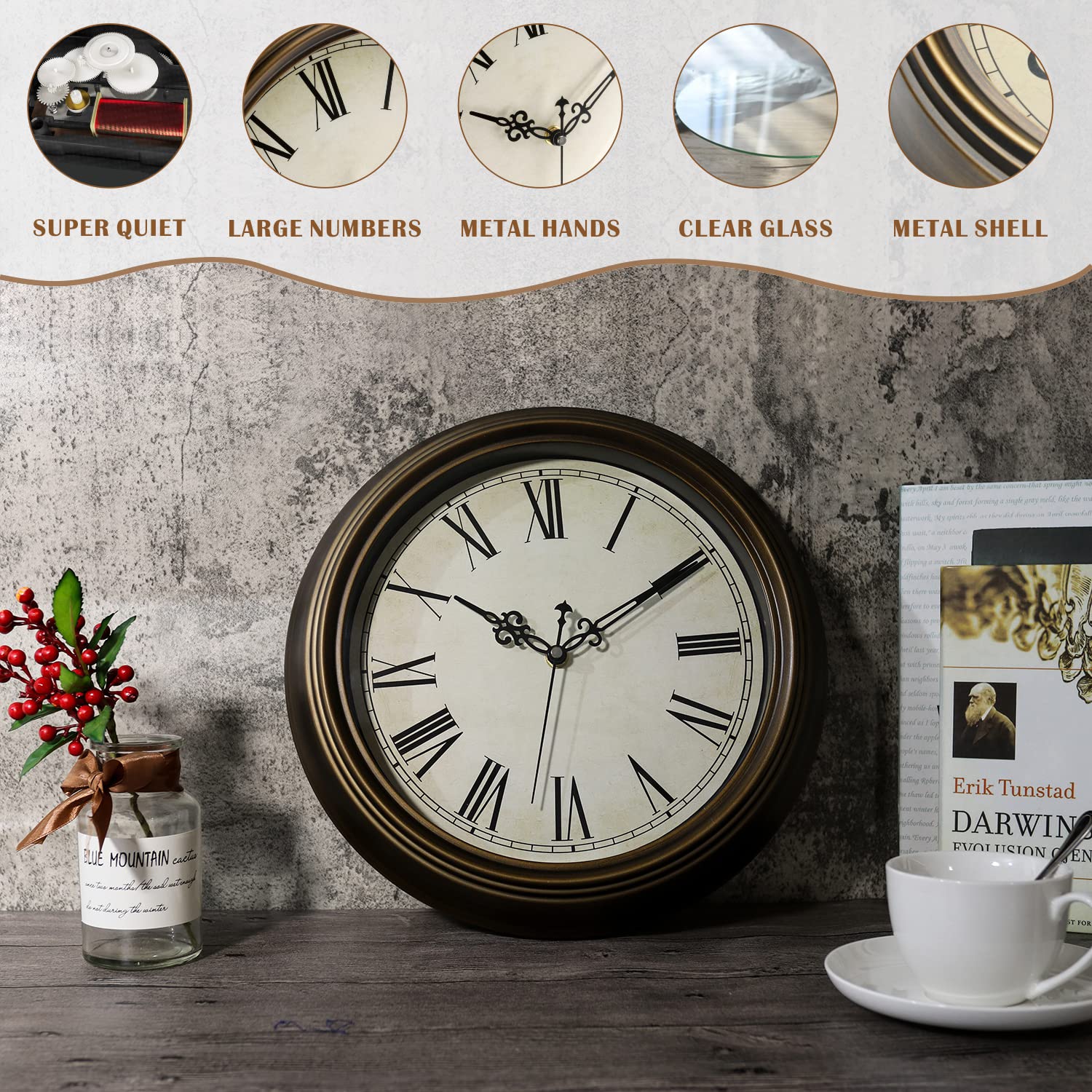 Plumeet Metall-Wanduhr, 33 cm, leise Retro-Klassiker-Wanduhr ohne Ticken für Wohnzimmer, Schlafzimmer, batteriebetrieben (römische Ziffern) – Haus & Küche