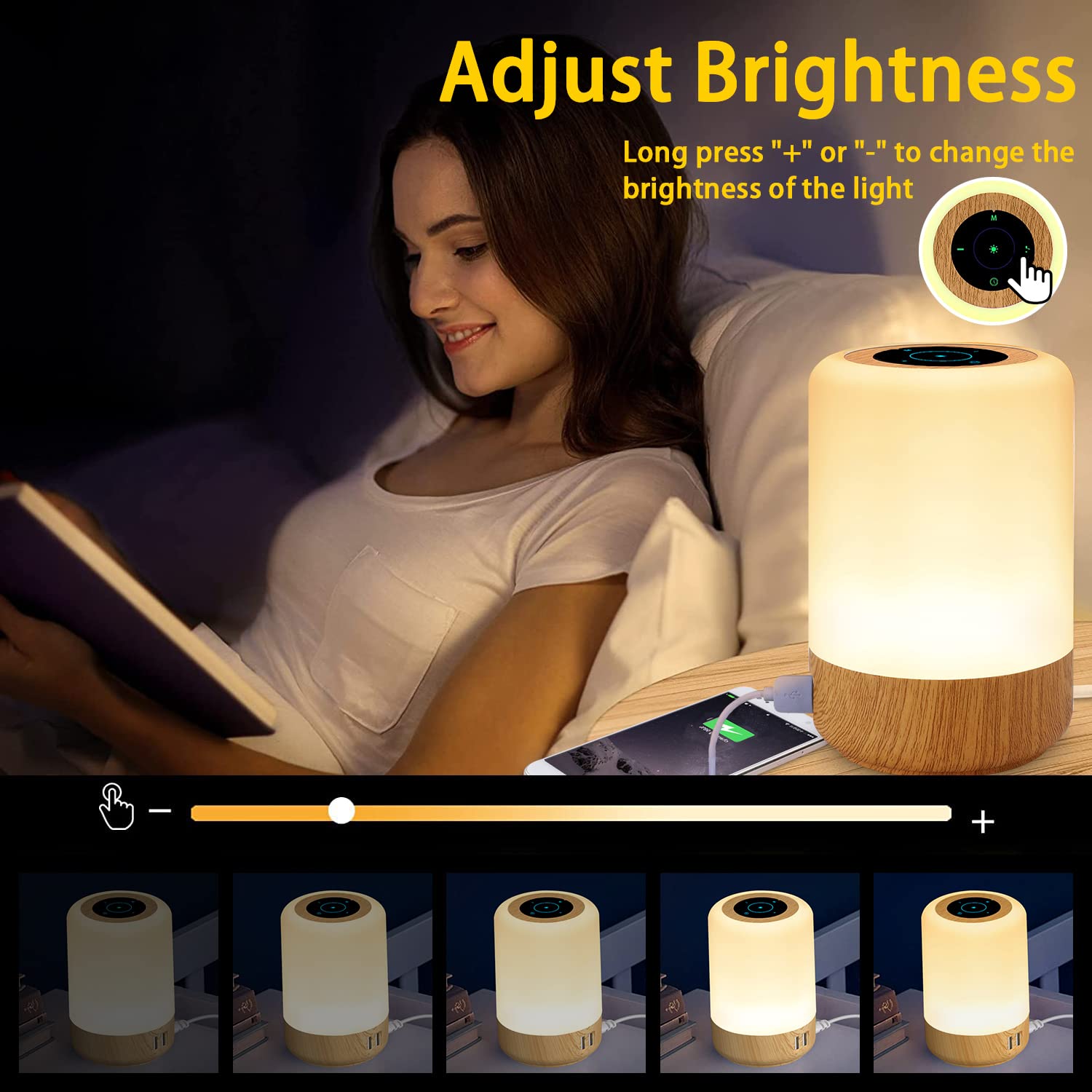 Taipow Nachttischlampe mit 4 USB-Ladeanschlüssen, LED-Tischlampe mit Touch-Dimmer für das Schlafzimmer, 7 Farben und Memory-Funktion, weiches, helles Licht für Schlafzimmer, Büro, 
