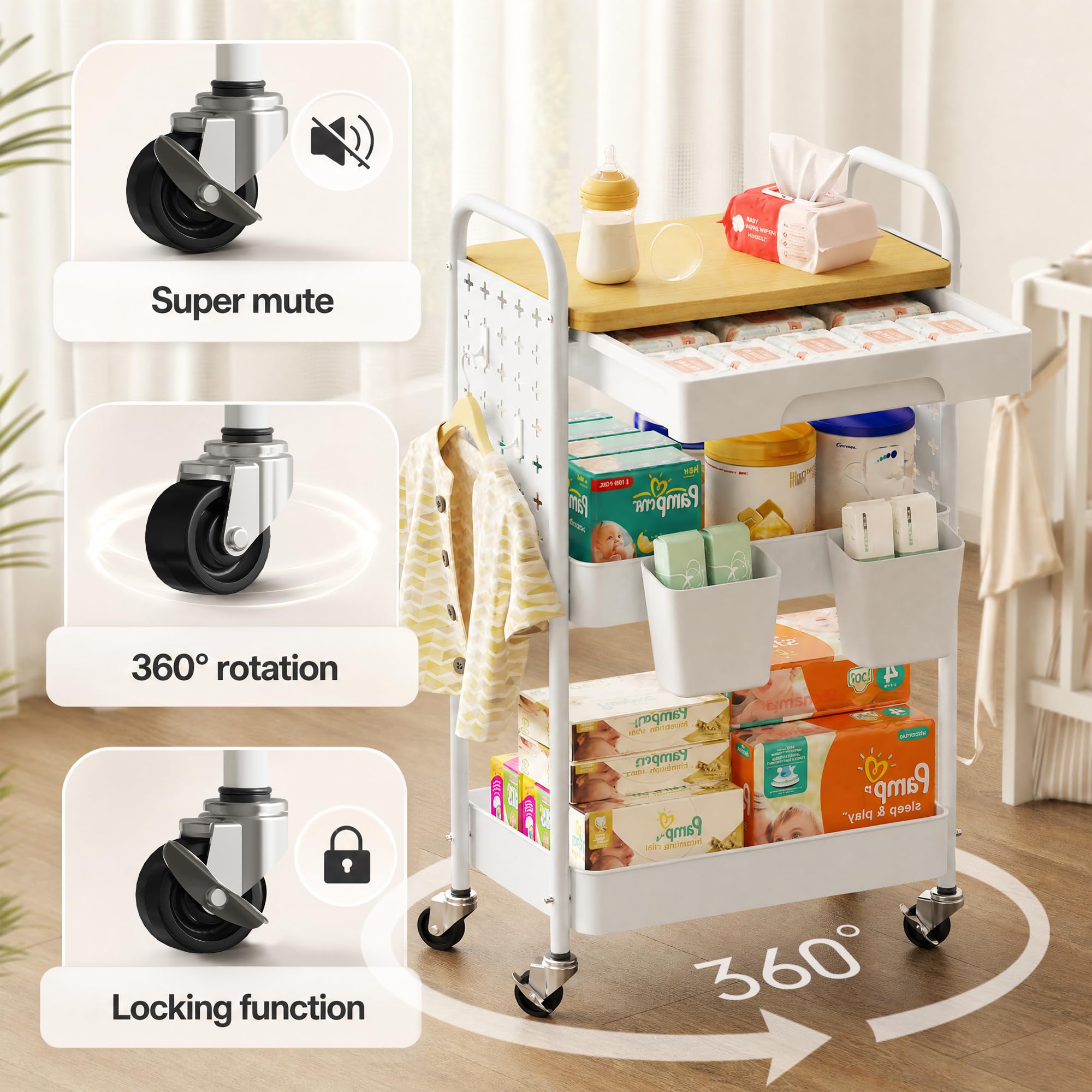 Supplied photograph 4 of 3-Tier Kitchen Storage Trolley on Wheels with Table Top Drawers Utility Cart – W