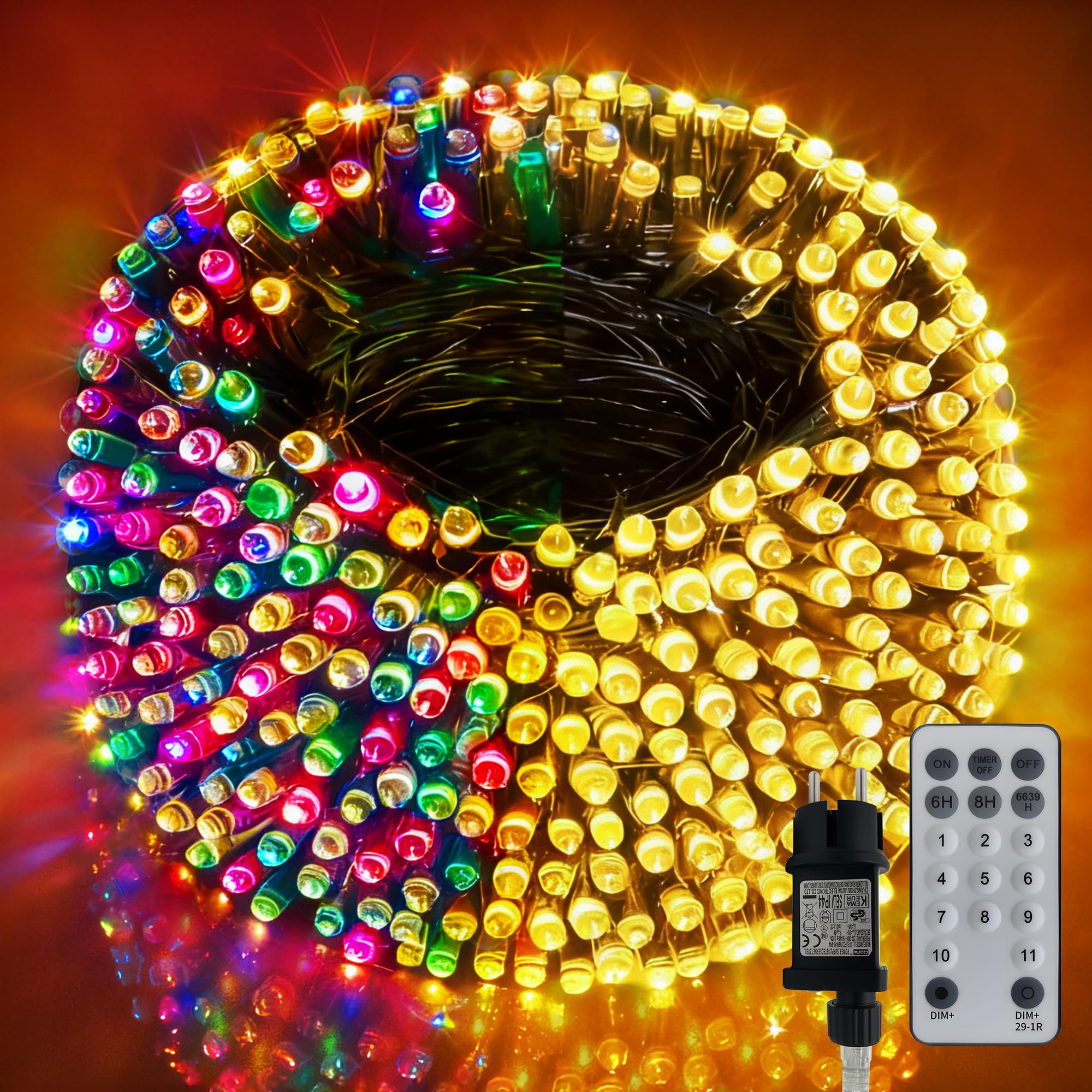 Outdoor LED String Lights 300 LED 32m Mains Remote 11 Modes Timer Dimmable Waterproof – Warm White & Multicolour