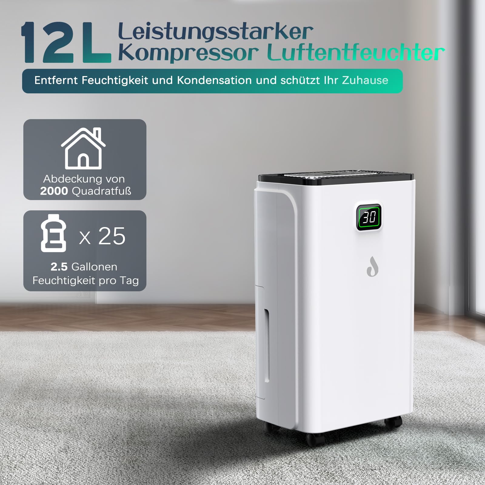 Elektryczny osuszacz powietrza 12 l/dobę, wyświetlacz cyfrowy, zbiornik 2,5 l, ciągłe odprowadzanie wody – biały – JYMIPA