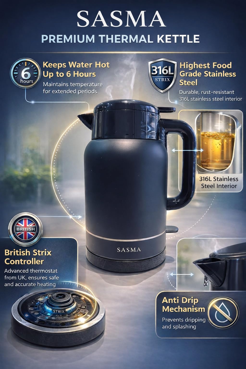 Supplied photograph 2 of Cordless Vacuum Insulated Electric Kettle 1.5L Fast Boil LED – Black