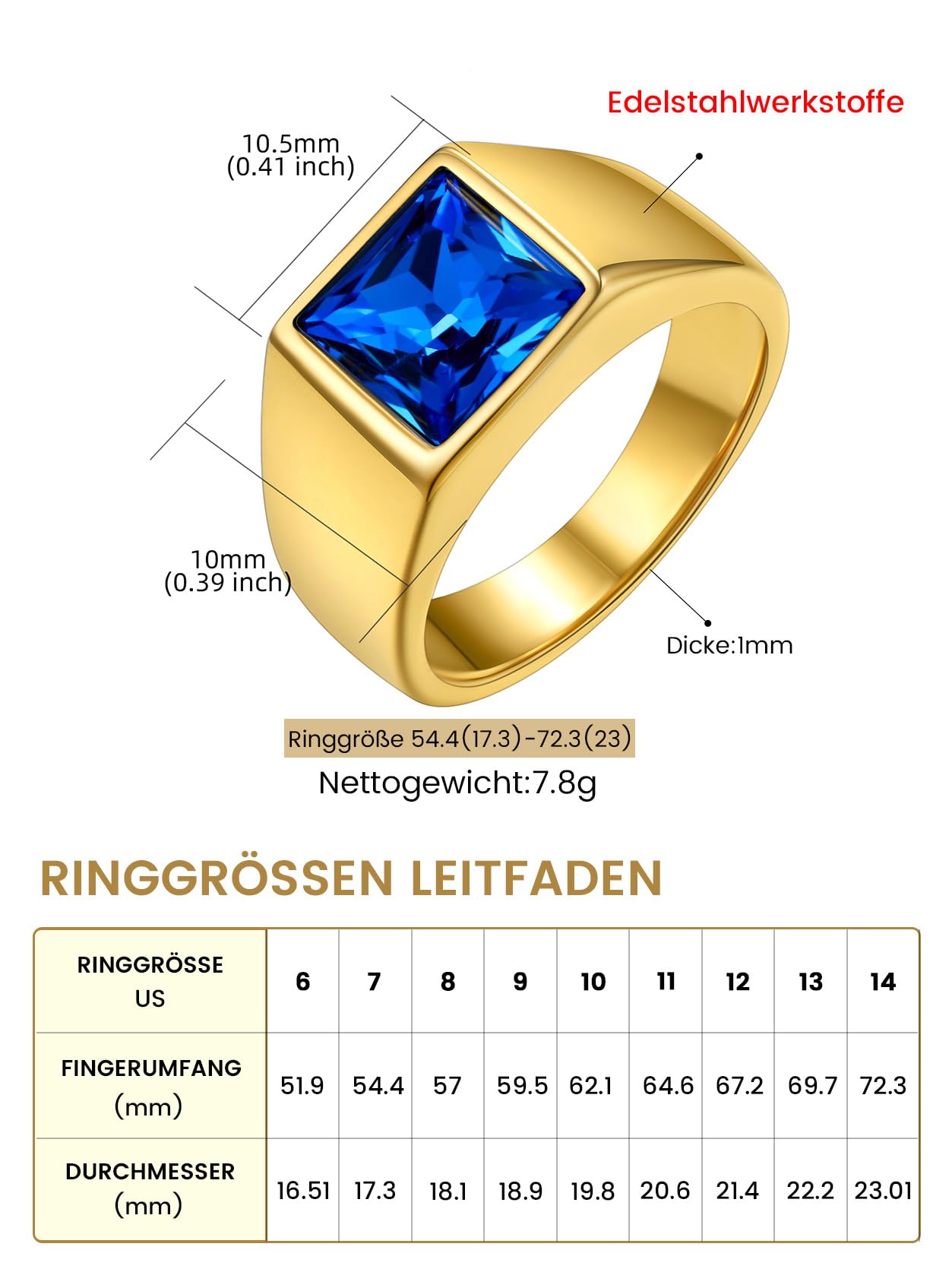 Goldener Siegelring aus Edelstahl mit blauem Stein – 62 mm – GoldChic