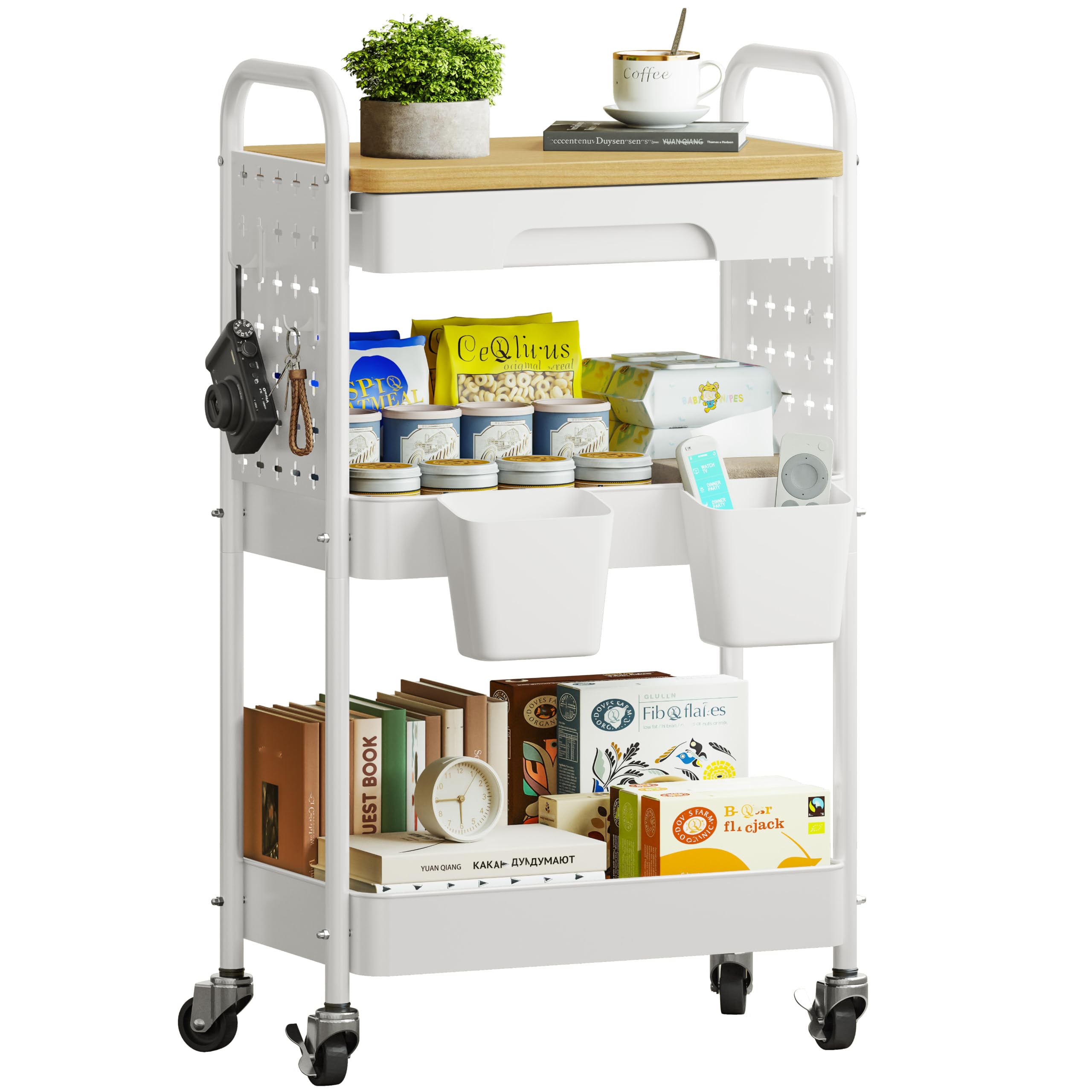 Supplied photograph 1 of 3-Tier Kitchen Storage Trolley on Wheels with Table Top Drawers Utility Cart – W
