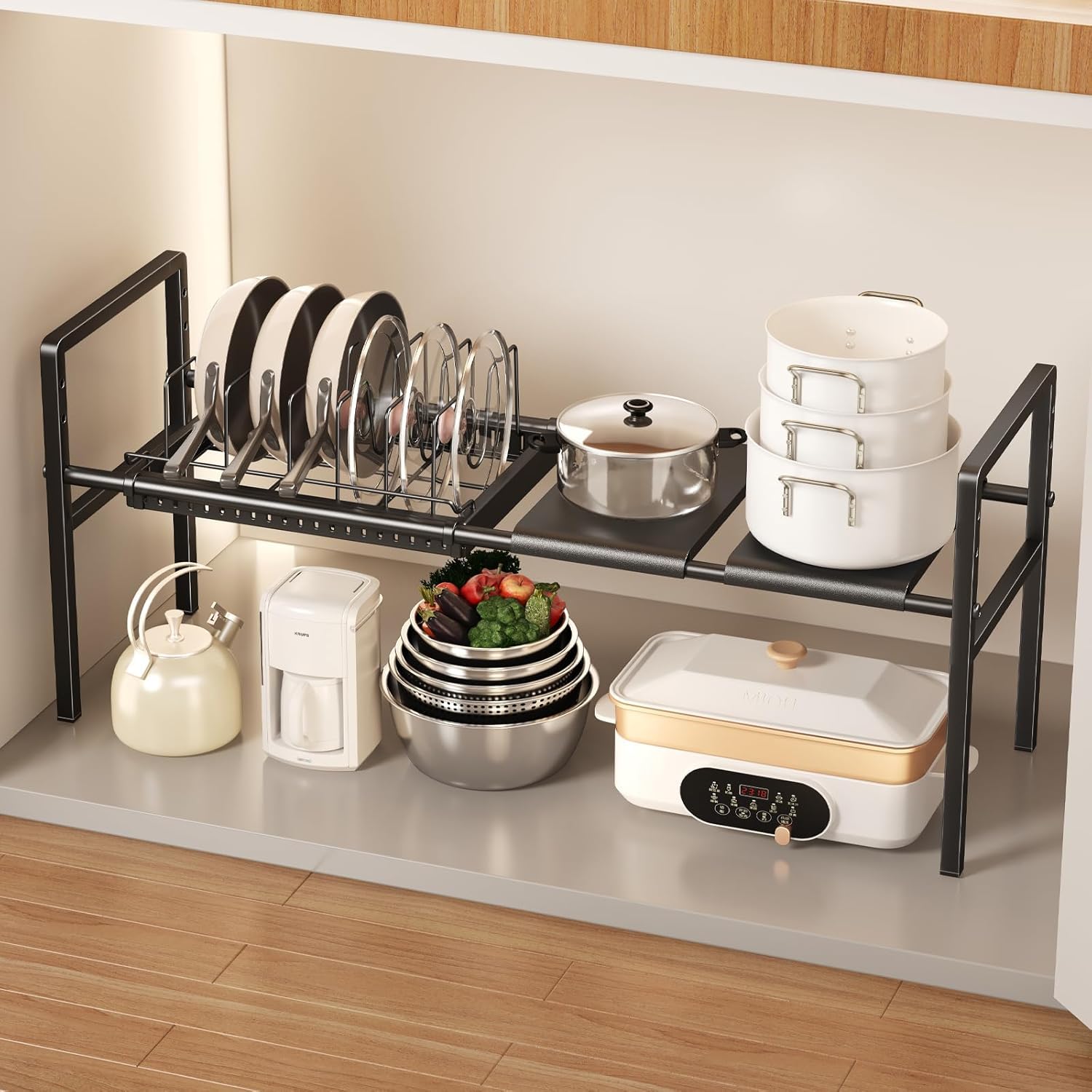 Source photograph for Pallet – Kitchen Organisers – Adjustable Pot, Pan, Lid Rack, 6 Dividers