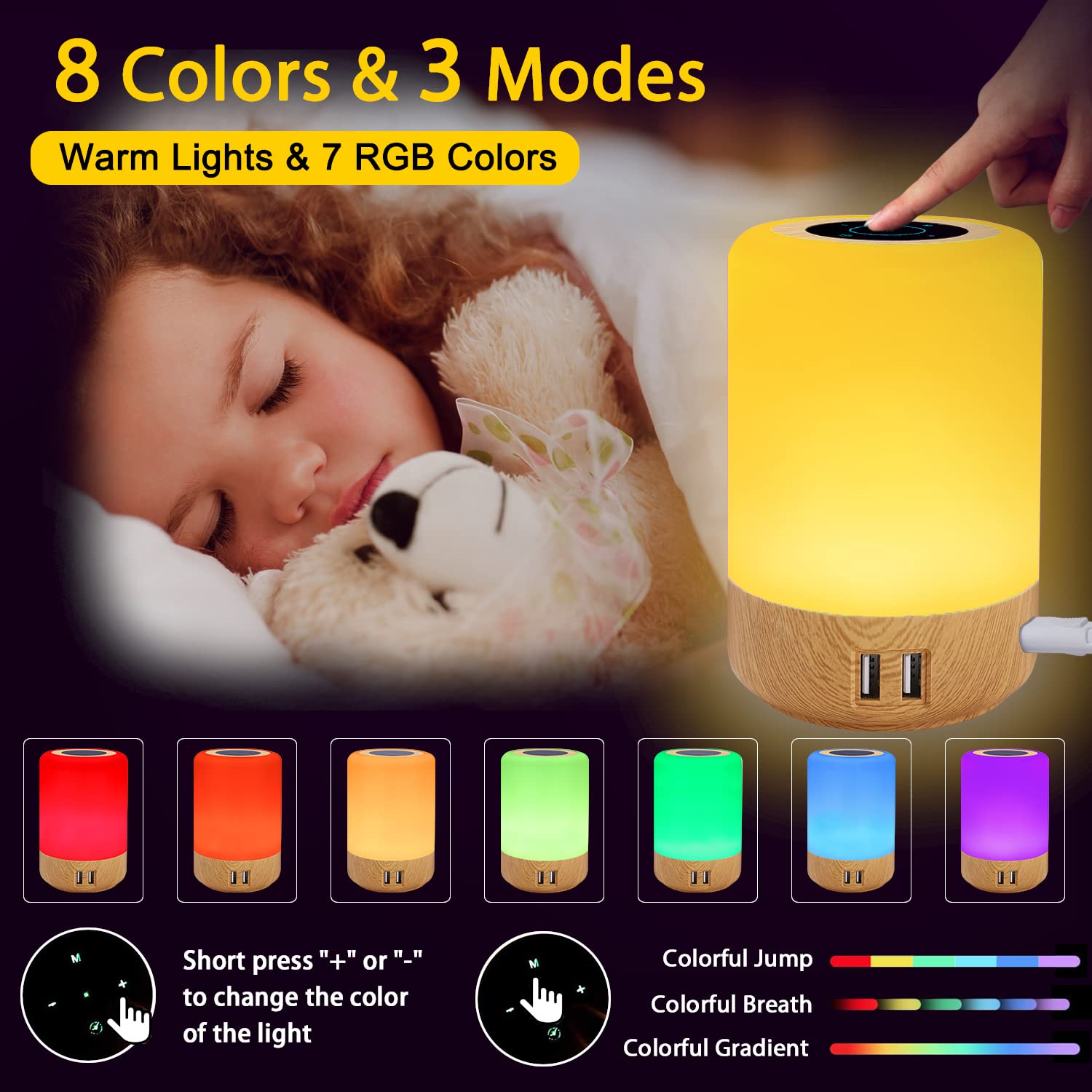 Taipow Nachttischlampe mit 4 USB-Ladeanschlüssen, LED-Tischlampe mit Touch-Dimmer für das Schlafzimmer, 7 Farben und Memory-Funktion, weiches, helles Licht für Schlafzimmer, Büro, 