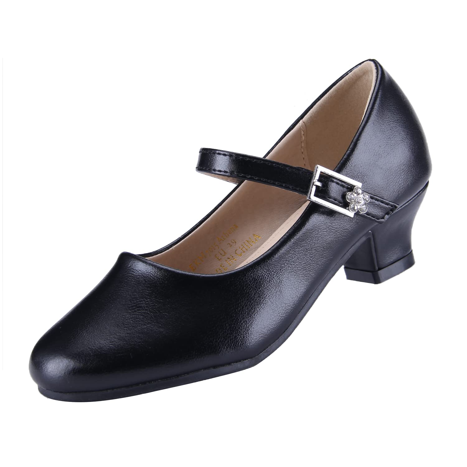 Girls Mary Jane High Heel Dress Shoes Microfiber Leather - Black UK 13