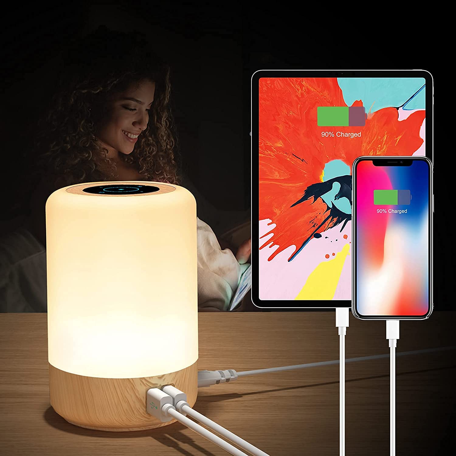 Taipow Nachttischlampe mit 4 USB-Ladeanschlüssen, LED-Tischlampe mit Touch-Dimmer für das Schlafzimmer, 7 Farben und Memory-Funktion, weiches, helles Licht für Schlafzimmer, Büro, Kinder (Euro-Stecker) – Taipow