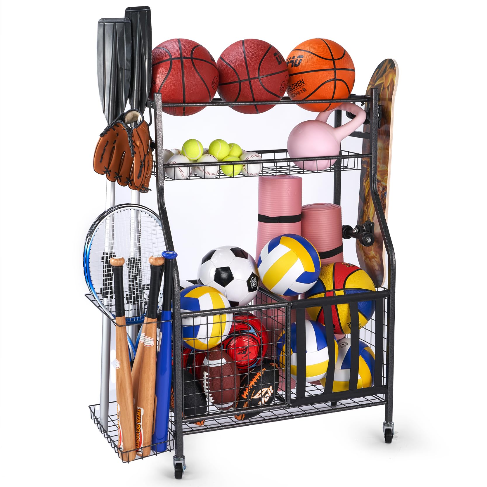 Source photograph for Pallet – Sports Equipment Storage – Wall Organizer, 3 Shelves, Wire Baskets, Hooks
