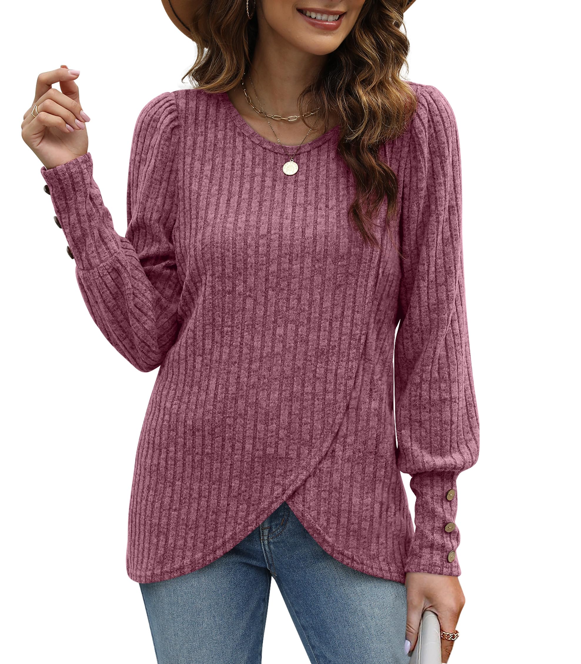 Aokosor Womens Long Sleeve Tops Ladies Loose Jumpers Button Sleeve Sweatshirt Curved Hem Blue Size 6-8