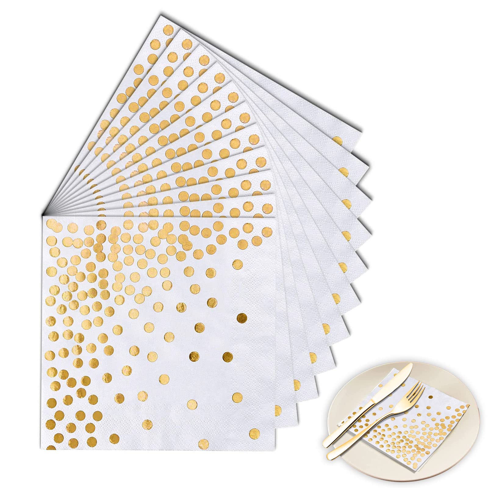 80 Stück Gold-Polka-Dot Servietten – 33x33 Cm, Weiß Mit Goldenen Punkten, Für Partys & Feiern