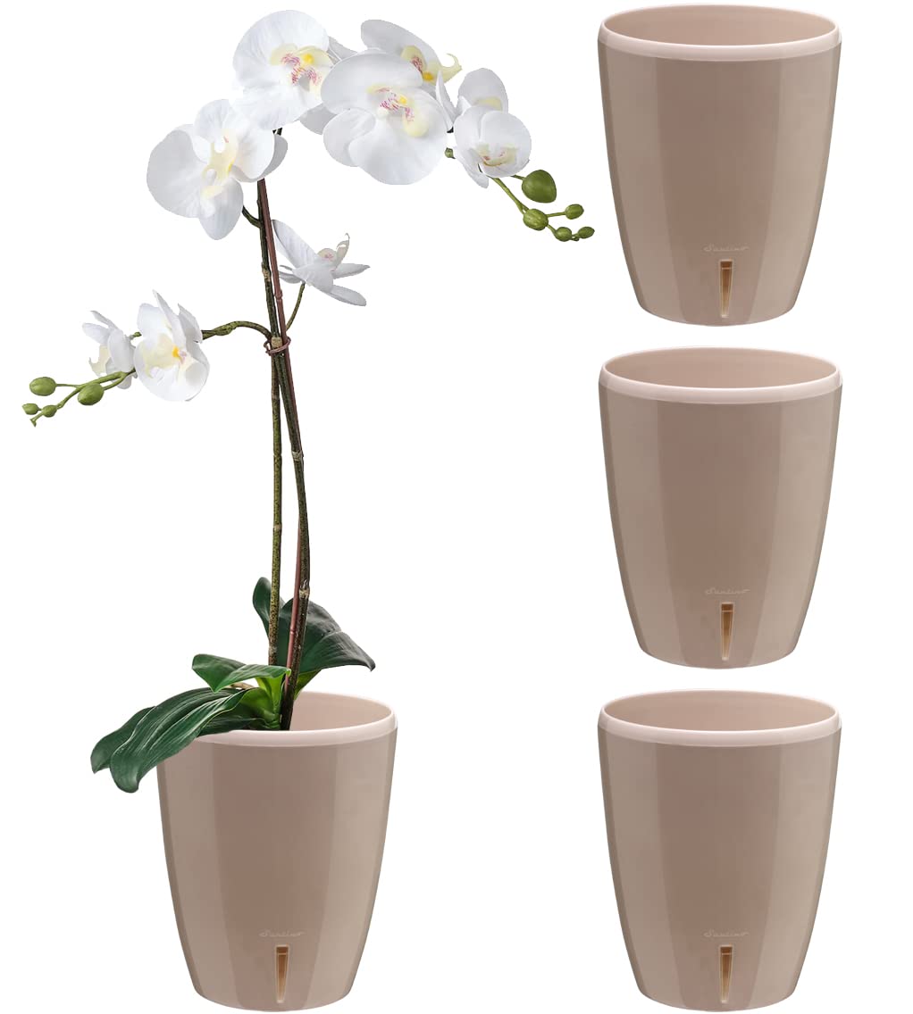 Santino 4er-Set Orchideentöpfe, Durchmesser 12 cm, selbstbewässernder Topf mit Docht-System und Wasserstandsanzeige für den Innenbereich – sandfarben – 1,3 l – Santino