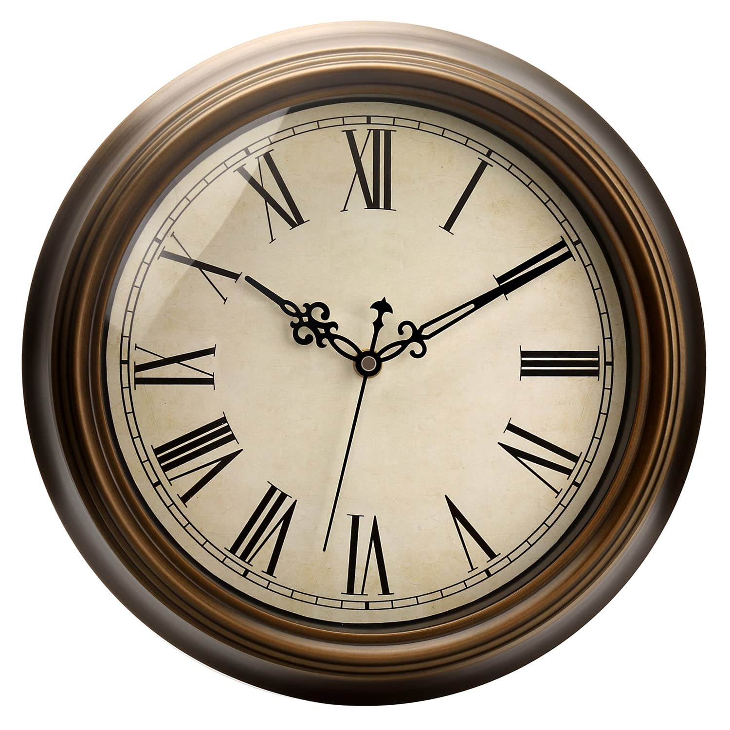 Plumeet Metall-Wanduhr, 33 cm, leise Retro-Klassiker-Wanduhr ohne Ticken für Wohnzimmer, Schlafzimmer, batteriebetrieben (römische Ziffern) – Plumeet