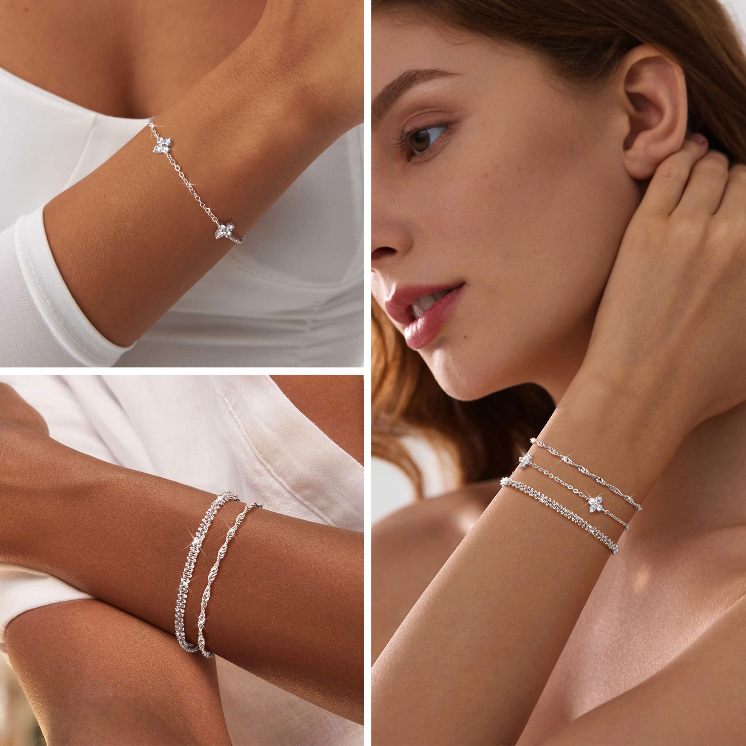3-teiliges, stapelbares Armband-Set aus Sterlingsilber, 14-Karat-vergoldet, verstellbar, mit Zirkonia – Gold – Finrezio